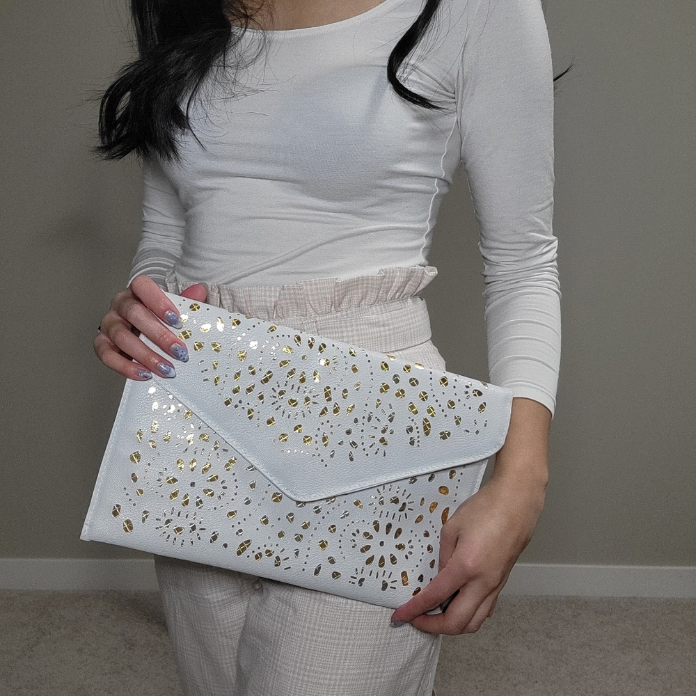 White and Gold Laser Cut Clutch